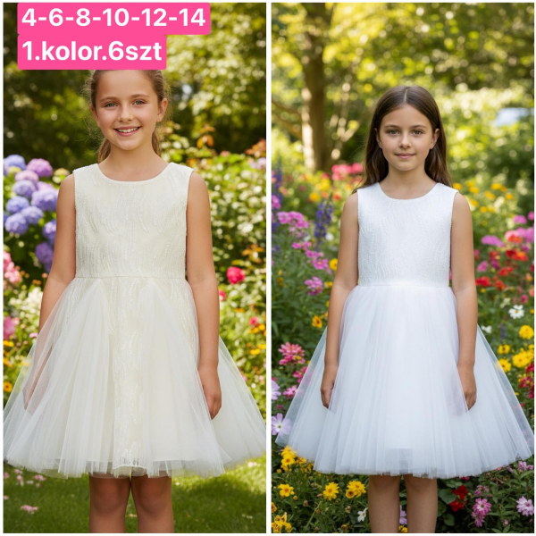 Sukienki dziewczęce Roz 4-14, 1 kolor Paczka 6 szt